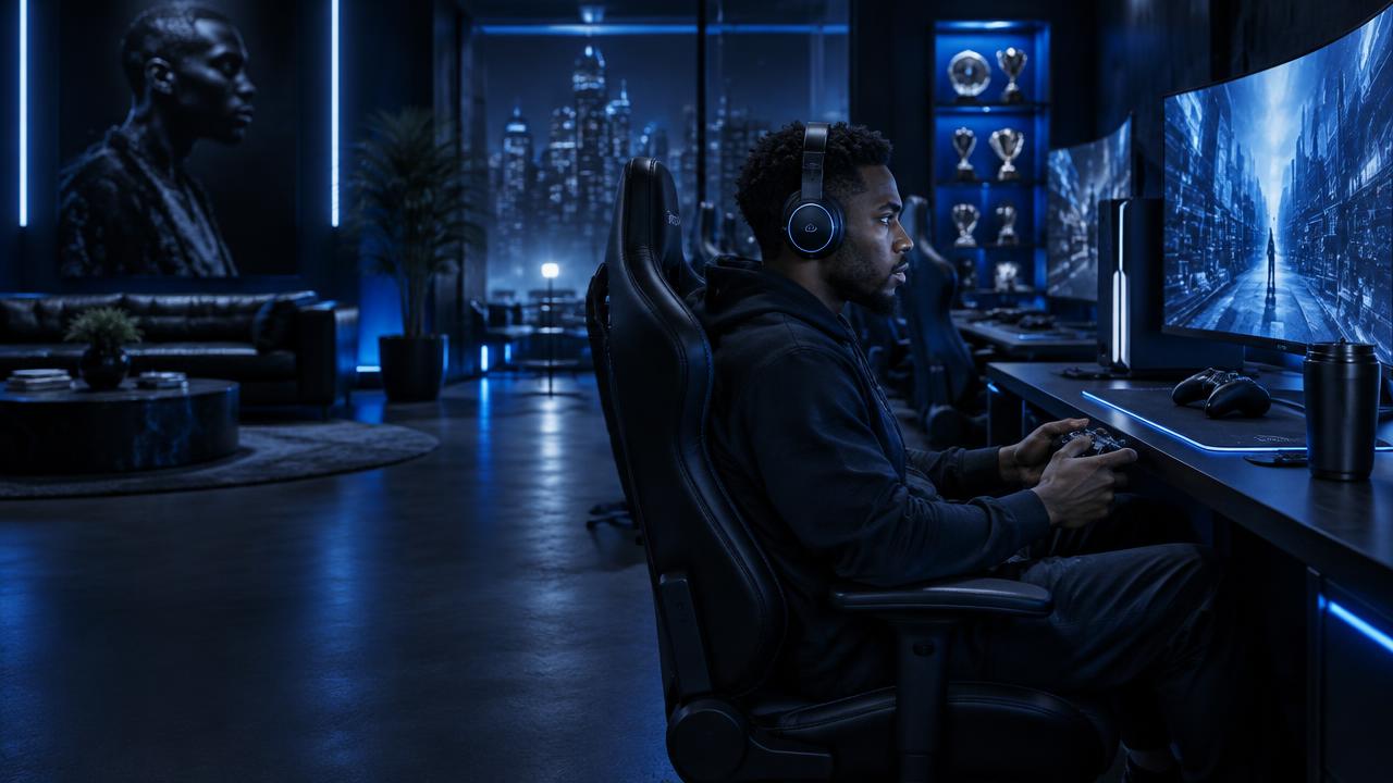 Black gamer competing inside the Topp Dogg South gaming room