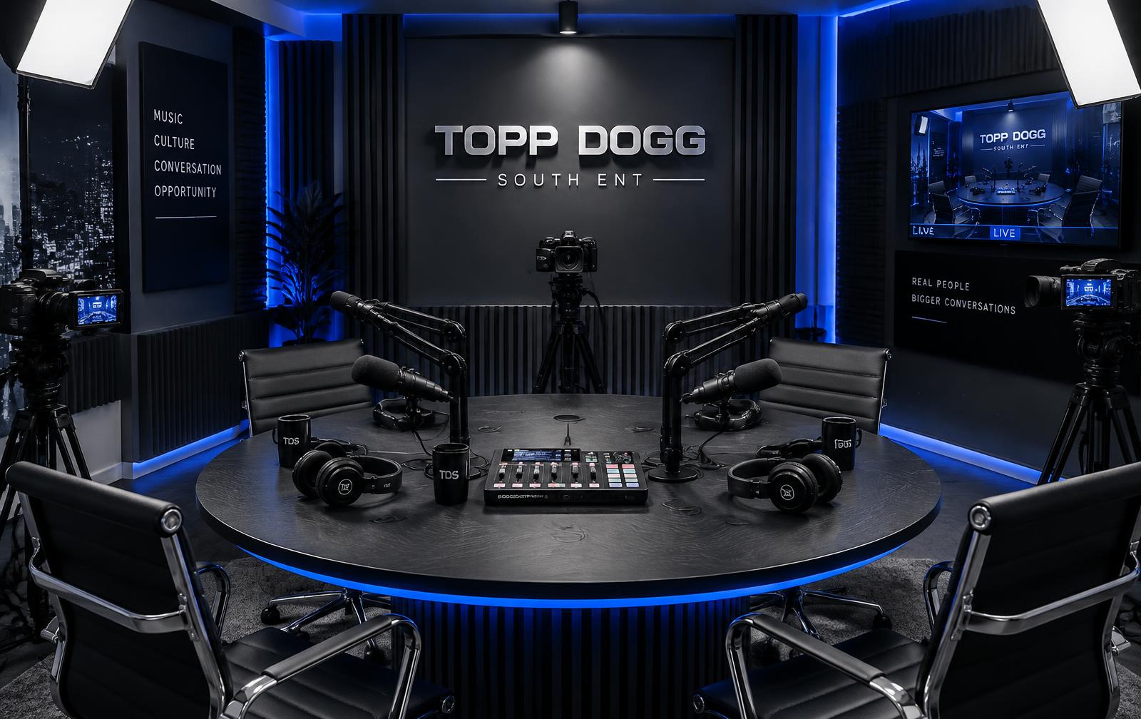 Topp Dogg South ENT podcast room with four microphones, cameras, and lighting