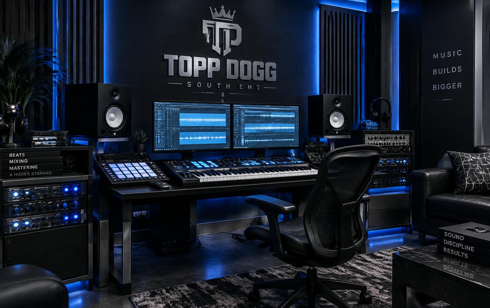 Topp Dogg South ENT production room with keyboard, drum pads, monitors, and rack equipment