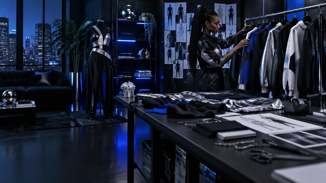 Black fashion designer arranging blue, black, and silver streetwear