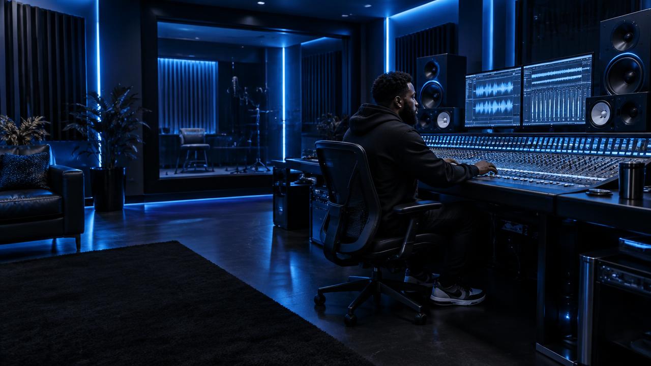 Black producer working at a professional studio mixing console