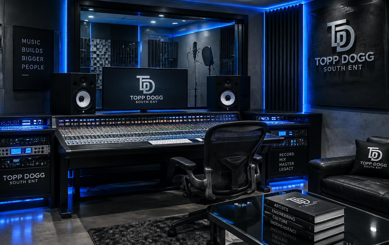 Topp Dogg South ENT recording suite with mixing console and vocal booth
