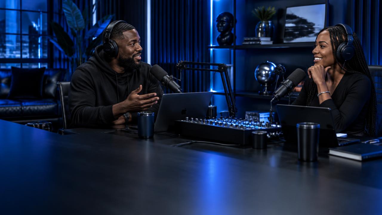 Black podcast hosts recording a conversation in a blue-lit studio