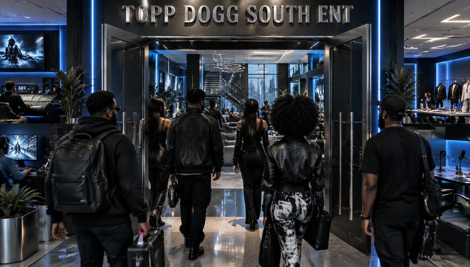 Black creators walking through the open doors of Topp Dogg South ENT